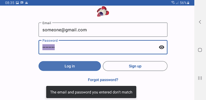 Log In_The Email and Password you entered don't match
